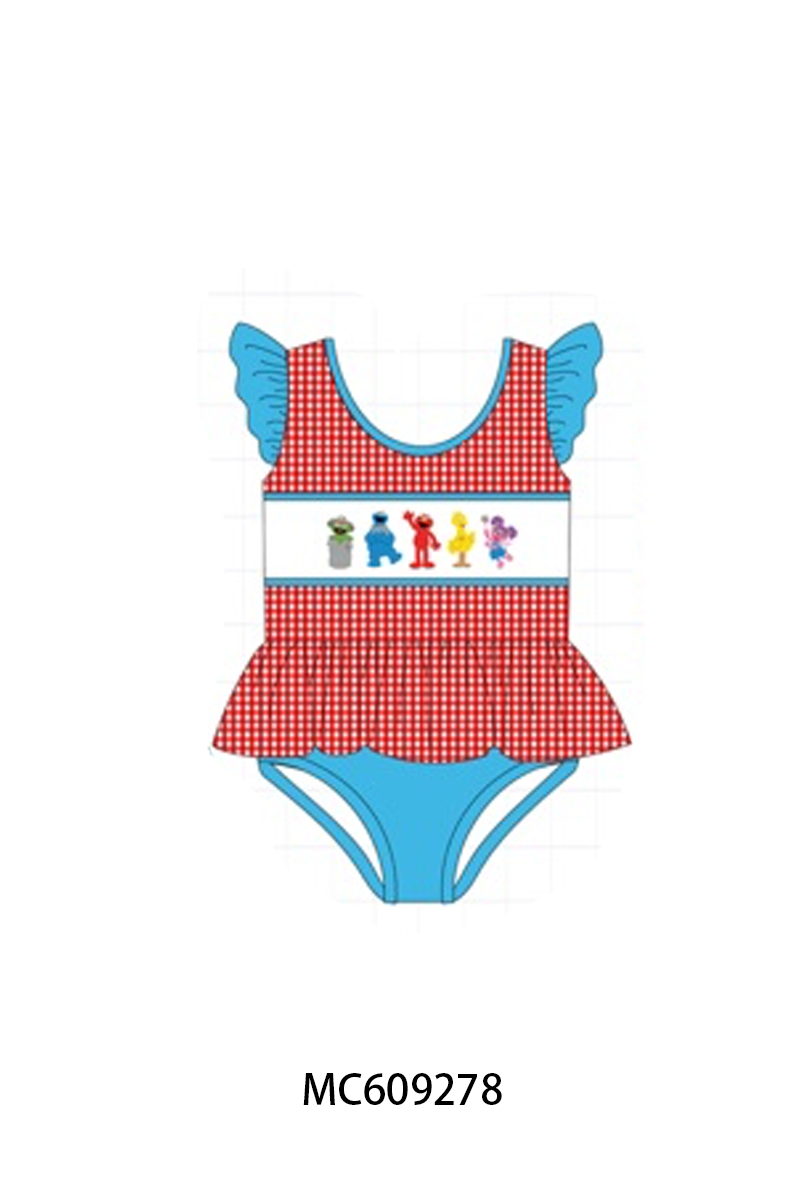 PO104 Red&blue sesame street embroidery gingham collection