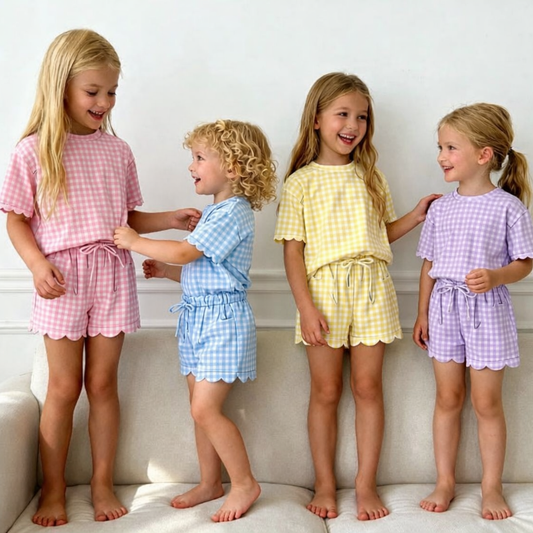 Girls Scalloped Gingham Short Sets