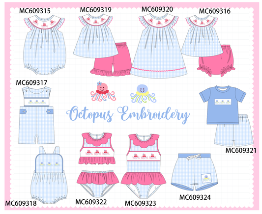 PO104 Blue octopus embroidery gingham collection