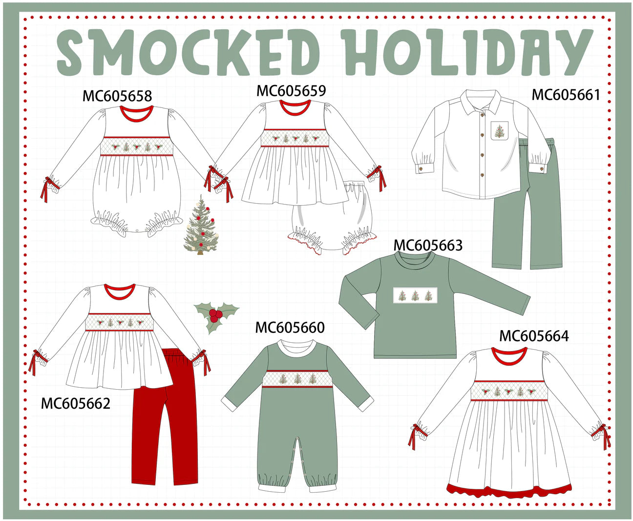 PO 93 Red & Sage Christmas Tree Smocked Holly