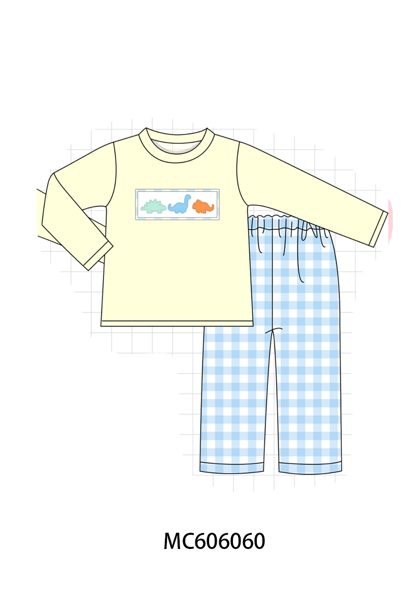 PO95 Purple&mustard dinosaur applique gingham collection