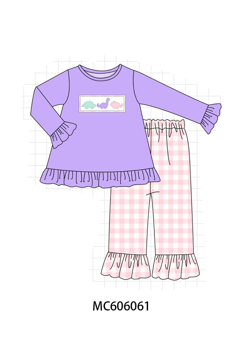 PO95 Purple&mustard dinosaur applique gingham collection