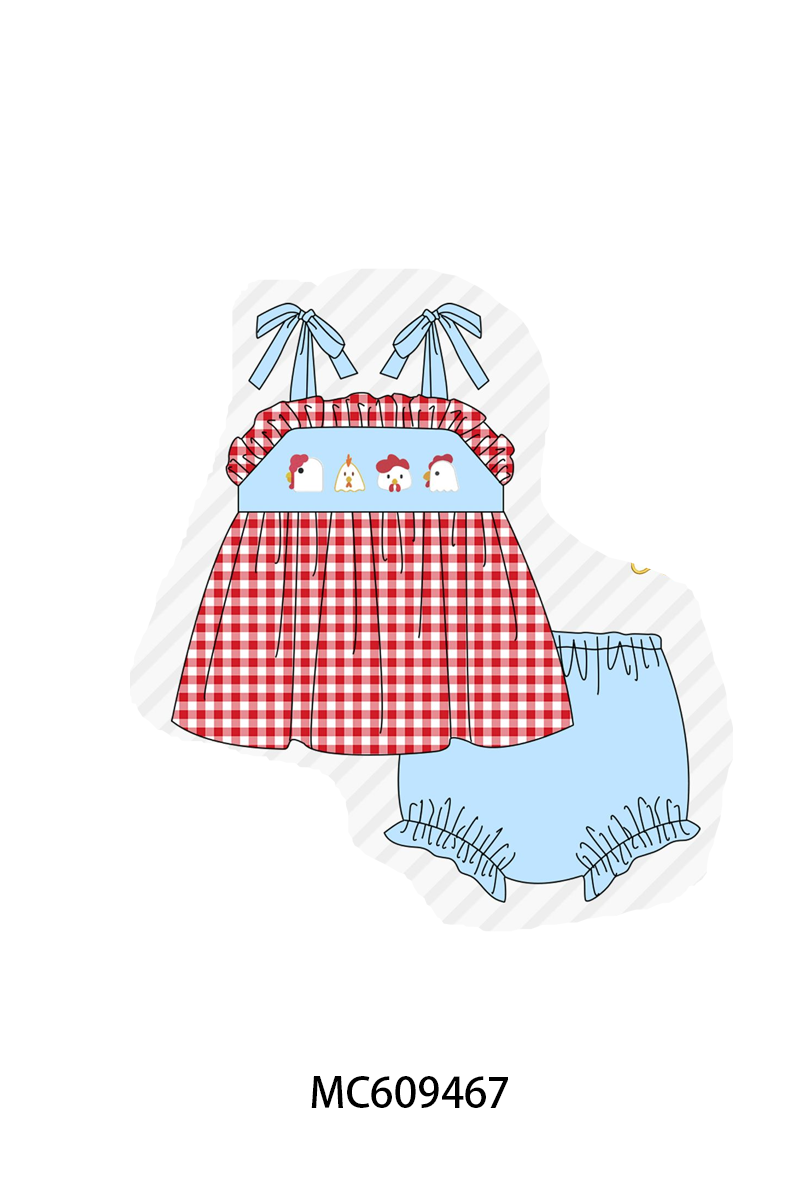 PO104 Red chicken embroidery gingham collection