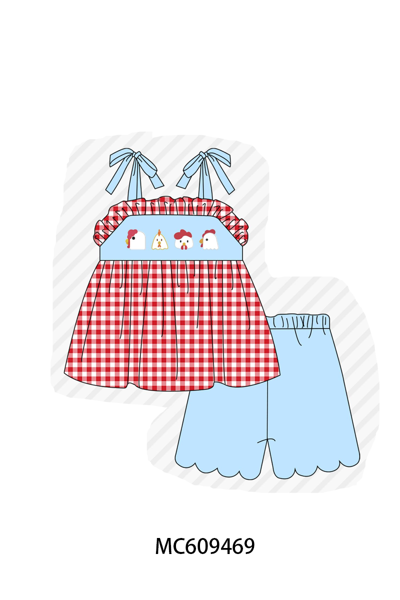 PO104 Red chicken embroidery gingham collection