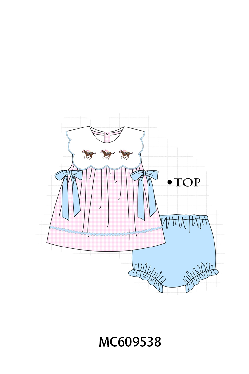 PO104 Pink horse riding embroidery gingham collection