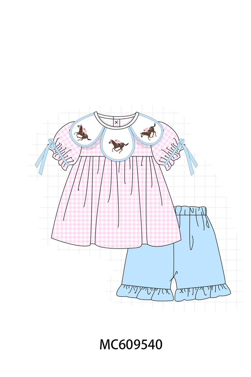 PO104 Pink horse riding embroidery gingham collection