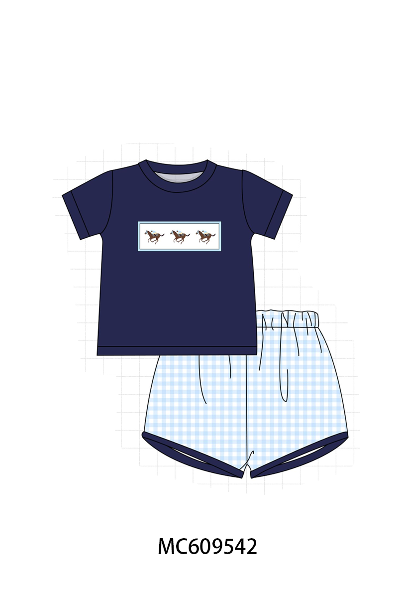 PO104 Pink horse riding embroidery gingham collection