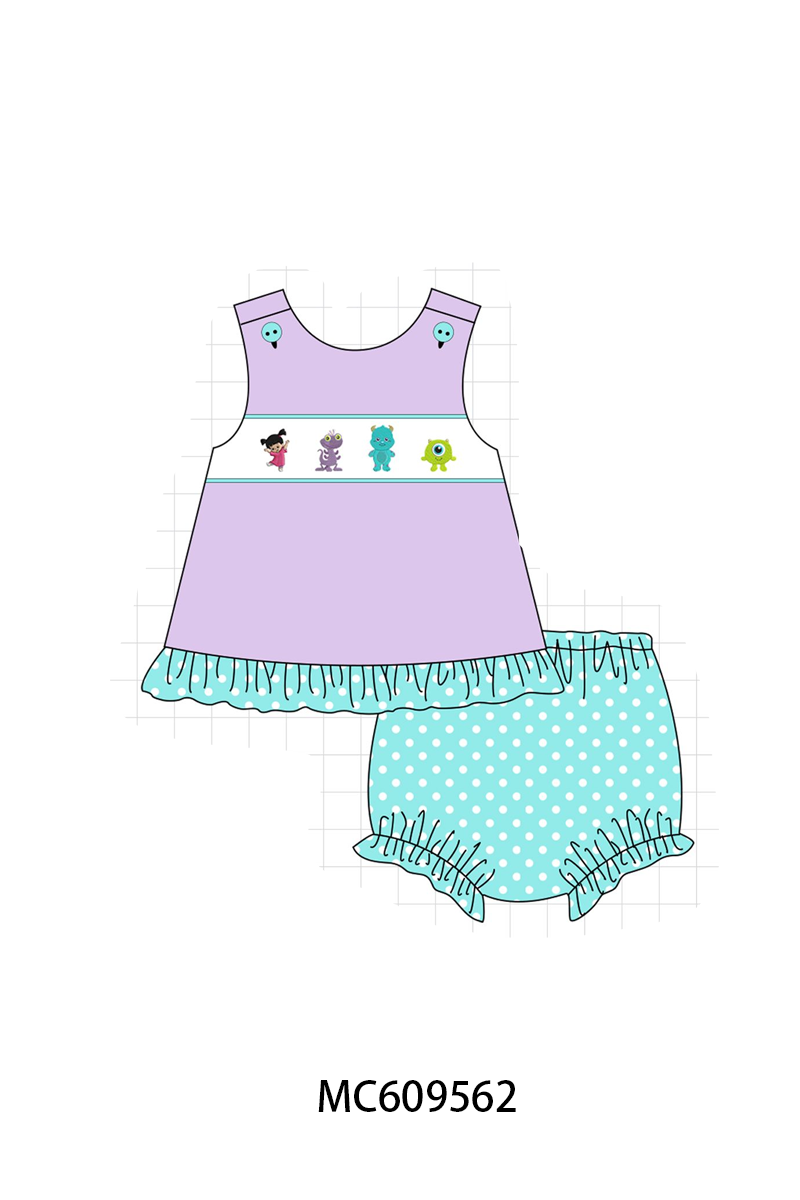 PO104 Purple monster embroidery ruffle dot collection