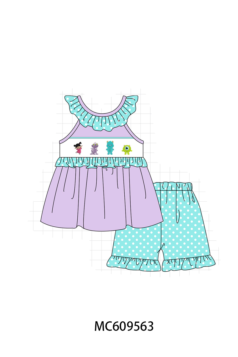 PO104 Purple monster embroidery ruffle dot collection