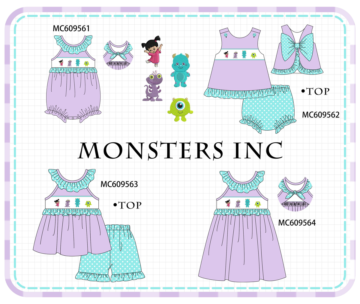 PO104 Purple monster embroidery ruffle dot collection