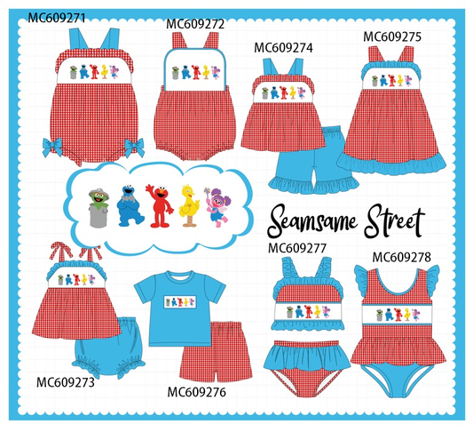 PO104 Red&blue sesame street embroidery gingham collection